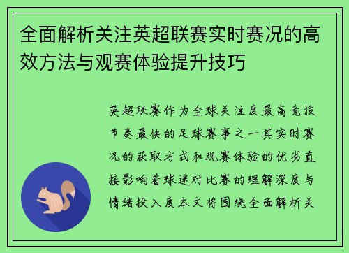全面解析关注英超联赛实时赛况的高效方法与观赛体验提升技巧